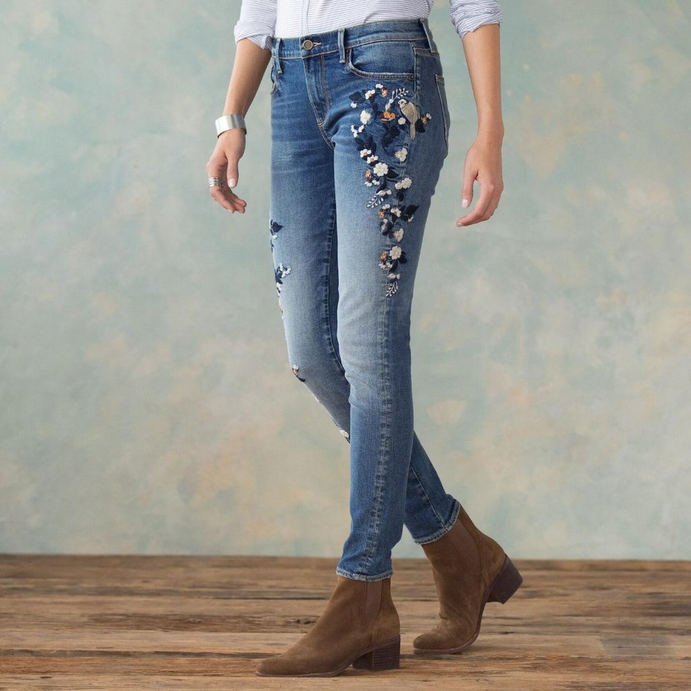 Driftwood Embroidered Jackie Jeans Birds Floral Stretch Women's Size 28 H13262 - Picture 1 of 10